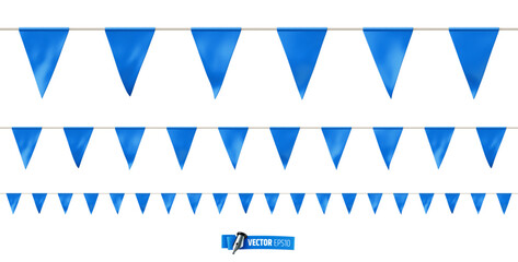 Vector realistic illustration of blue pennant garland on a white background.