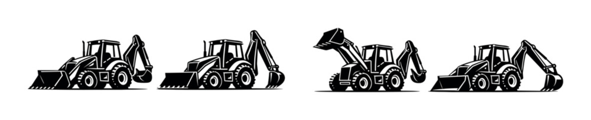 Naklejka premium Tractor and backhoe collection, construction vehicles, flat vector illustration