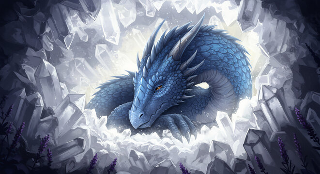 Blauer Drache ruht friedlich in einer Eish�hle wo helles mystisches Licht die vielen Kristalle magisch erhellt. AI Generated