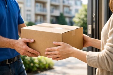 A delivery person hands over a package to a woman at her doorstep, symbolizing convenience and home delivery services.