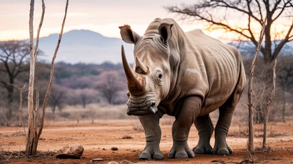 Fototapeta premium A majestic rhinoceros stands in a dry landscape during sunset, showcasing its impressive horn and unique skin texture.