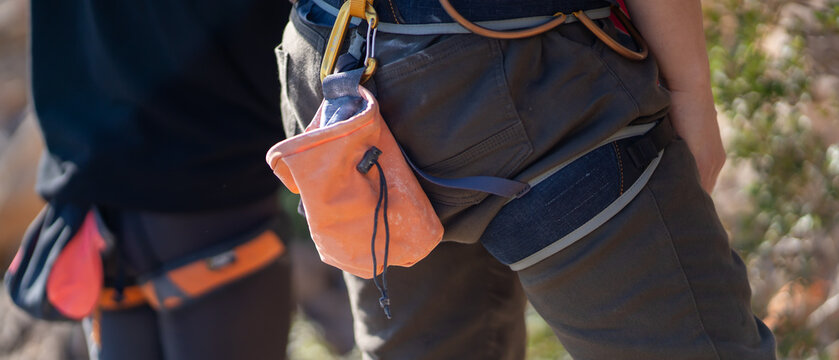A bag with magnesia powder closeup, for climbing in the mountains.