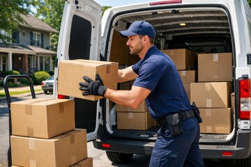 A male delivery driver, dressed in blue uniform and gloves, efficiently unloading cardboard boxes from a van in a suburban neighborhood.