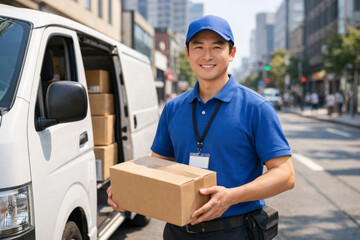 Smiling Asian male delivery driver holding a package beside his delivery van in an urban setting.