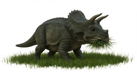 Fototapeta premium Realistischer Triceratops frisst gen�sslich gr�nes Gras mit feinen Details unter weichem Tageslicht digital erstellt. AI Generated