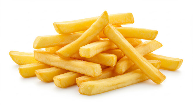 Verlockend goldgelbe Pommes Frites knusprig gestapelt fuer herzhaften Genuss freigestellt auf hellem Hintergrund. AI Generated