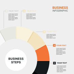 Infographic template for business. 5 Steps Modern Timeline diagram with progress arrows, presentation vector infographic. Orange, beige and grey