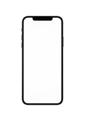 pristine, matte black modern smartphone with an illuminated, blank white, edge-to-edge screen, isolated on a transparent seamless studio background with zero shadows. concept for high-tech product