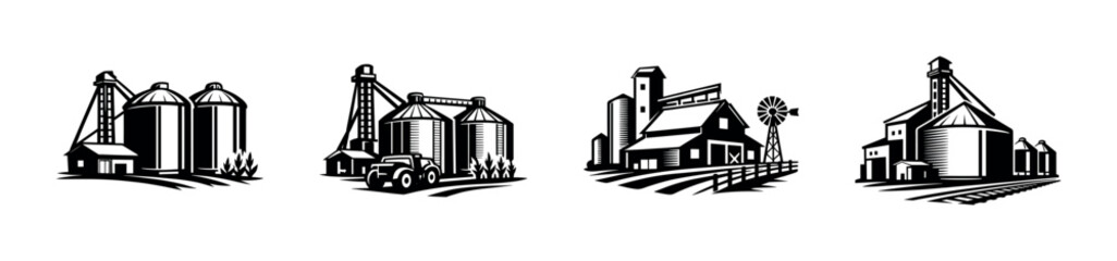 Farm silo and barn vector illustration, agriculture, rural landscape, flat style