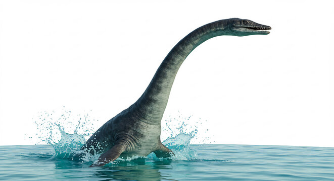 Ein pr�historischer Plesiosaurier taucht dynamisch aus dem klaren Wasser auf kraftvoll vom hellen Licht beleuchtet. AI Generated