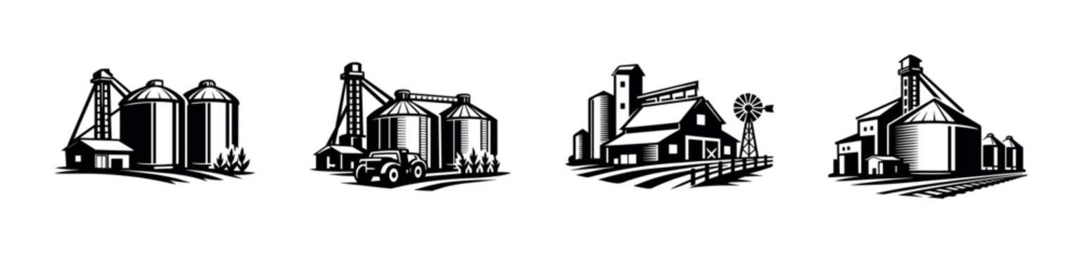 Farm silo and barn vector illustration, agriculture, rural landscape, flat style