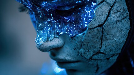Abstract image of a head with digital circuitry and cracked surface design
