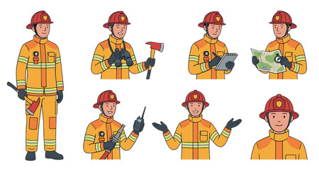 Collection of Firefighter Poses and Actions, Illustrating Their Work and Equipment