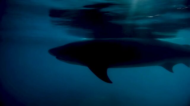 Underwater view from below a small boat as a massive shark silhouette blocks the sun creating volumetric shadows in murky blue water