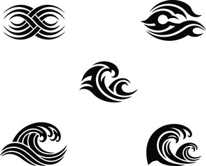 Set of stylized blackwork tribal tattoo ornaments featuring cresting ocean waves and rhythmic sea spray motifs for vector art design.