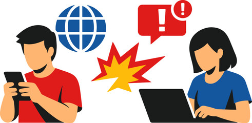 Flat Vector Illustration of Breaking Online News Alert, Digital Media Conflict and Internet Notification Concept