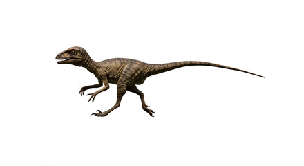 Fototapeta premium Junger pr�historischer Raptor rennt dynamisch dargestellt als 3D Modell auf reinwei�em Hintergrund.. AI Generated