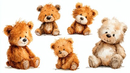 Watercolor teddy bear element set on white background