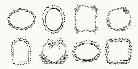 Set of whimsical rectangle, oval and round hand-drawn frames in trendy, vintage styles. Cute frames suitable for labels, logos, invitations, packaging and stickers