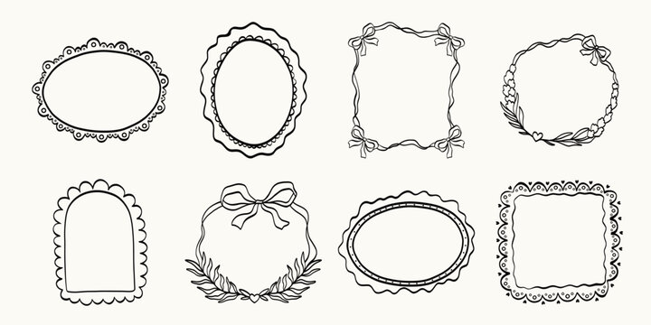 Set of whimsical rectangle, oval and round hand-drawn frames in trendy, vintage styles. Cute frames suitable for labels, logos, invitations, packaging and stickers
