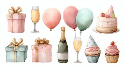 Watercolor birthday set featuring a purple cake with lit candles, a slice of layer cake, colorful balloons, party hats, and wrapped gift boxes, all on a white background