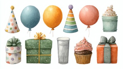 Watercolor birthday set featuring a purple cake with lit candles, a slice of layer cake, colorful balloons, party hats, and wrapped gift boxes, all on a white background