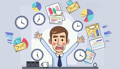 Overwhelmed Cartoon Office Worker Surrounded by Deadlines and Documents