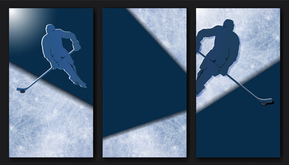 Ice hockey vertical banner set with player silhouette and realistic rink on dark blue. Vector background for social media, copy space. World championship promo template, sport design, printing.