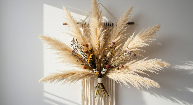 Wundersch�ner Pampasgras Trockenblumen Makramee Wandbehang strahlt im warmen Sonnenlicht minimalistische Boho �sthetik. AI Generated