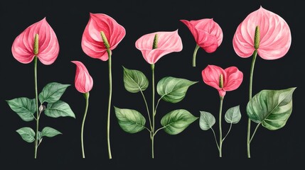 Watercolor texture botanic garden plant pink anthurium flamingo flower, Seamless watercolor pattern showcasing sanitariums, Watercolor clip art set of Pink Anthurium flower.