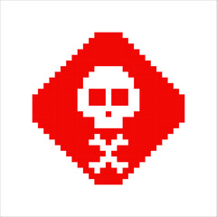 Skull and bones pixel sign, virus skull icon, 8 bit hacker cyber computer.