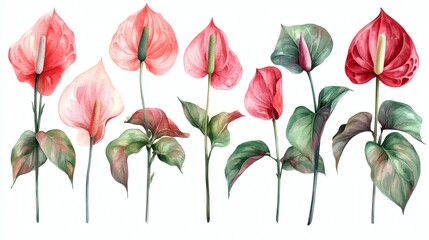 Watercolor texture botanic garden plant pink anthurium flamingo flower, Seamless watercolor pattern showcasing sanitariums, Watercolor clip art set of Pink Anthurium flower.