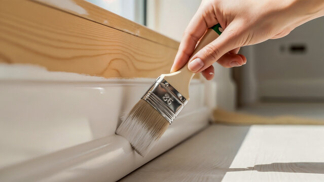 Painting wooden skirting board symbolizing renewal and home care