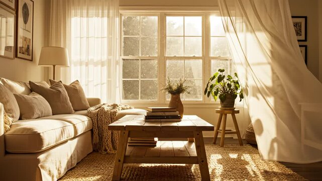 Sunlit living room with sofa and coffee table