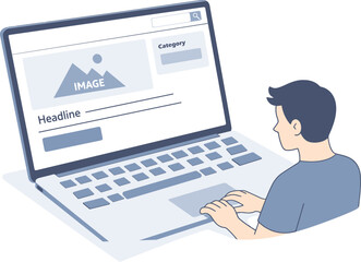 Flat Vector Illustration of Online Article Writing, Digital Content Creation and Blogging on Laptop