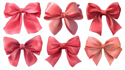 Hand drawn red watercolor bows, Beautiful gift bow ribbon, for romantic invitations design, coquette core, girls decor, Christmas decor,