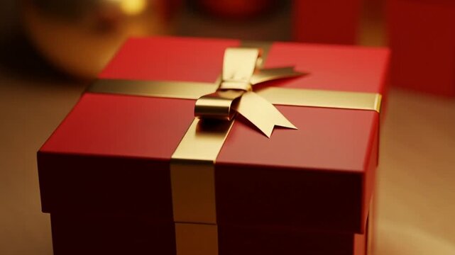 Festive red gift box with golden ribbon and bow for celebration and holiday seasons