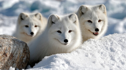 Three arctic foxes in snowy terrain looking curious.