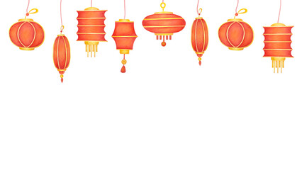 watercolor Chinese New Year greeting card template. Chinese lantern illustration on white background with copy space. new year frame for banner, card, social media, advertising, website