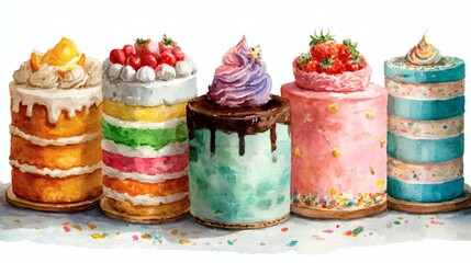 Delicious watercolor birthday cake and cupcake illustrations with candles and frosting, perfect for party invitations, menus, and festive designs.