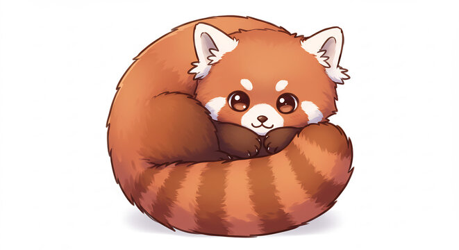 Niedlicher Roter Panda rollt sich gem�tlich zusammen als s��e Kawaii Illustration mit gro�en Kulleraugen. AI Generated