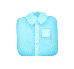 folded blue shirt with collar, buttons, pocket. office clothes, goods in fashion store. cute children's watercolor illustration isolated on transparent background, clip art cut out element design