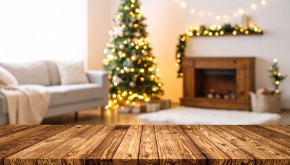 Rustic wooden tabletop with blurred Christmas living room background featuring decorated tree, fireplace, and sofa, perfect for product display or holiday concepts.