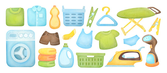 laundry supplies set with detergent bottles, washing machine, iron, steamer, baskets, children's clothes, household tools. cute watercolor illustration isolated on transparent background, clipart