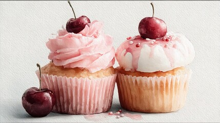 cupcake with cherries and cream watercolor illustration on a white background isolated