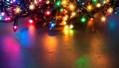 Obraz premium Colorful Christmas lights glowing with sparkling bokeh and vibrant reflections on a dark surface, creating a festive holiday background.