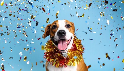 Happy brown and white dog wearing a festive tinsel garland, smiling and panting amidst colorful falling confetti on a light blue background.
