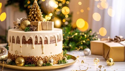 Elegant Christmas Drip Cake Decorated with Gold Ornaments, Mini Gifts, and Golden Tree in Festive Setting