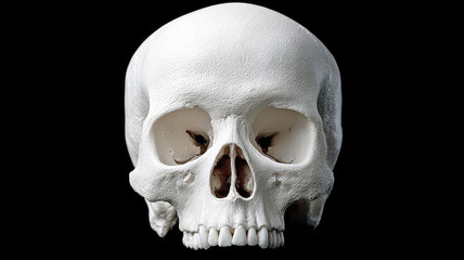 Obraz premium Realistic human skull on a black background, detailed and eerie.