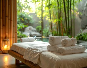 Luxury spa treatment room with white towels and warm lighting